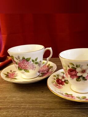 Tea For Two Queen Anne Bone China 'Lilac Blossom' and 'Rose of Primrose Blossom'